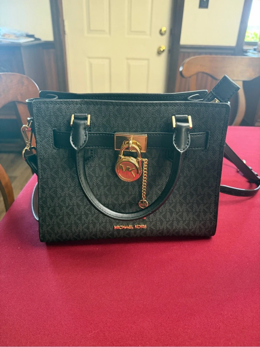 Michael Kors Hamilton Small Black Monogram Satchel with Gold Hardware